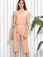 Romwe Pink Scoop Neck Self Tie Sleeveless Jumpsuit