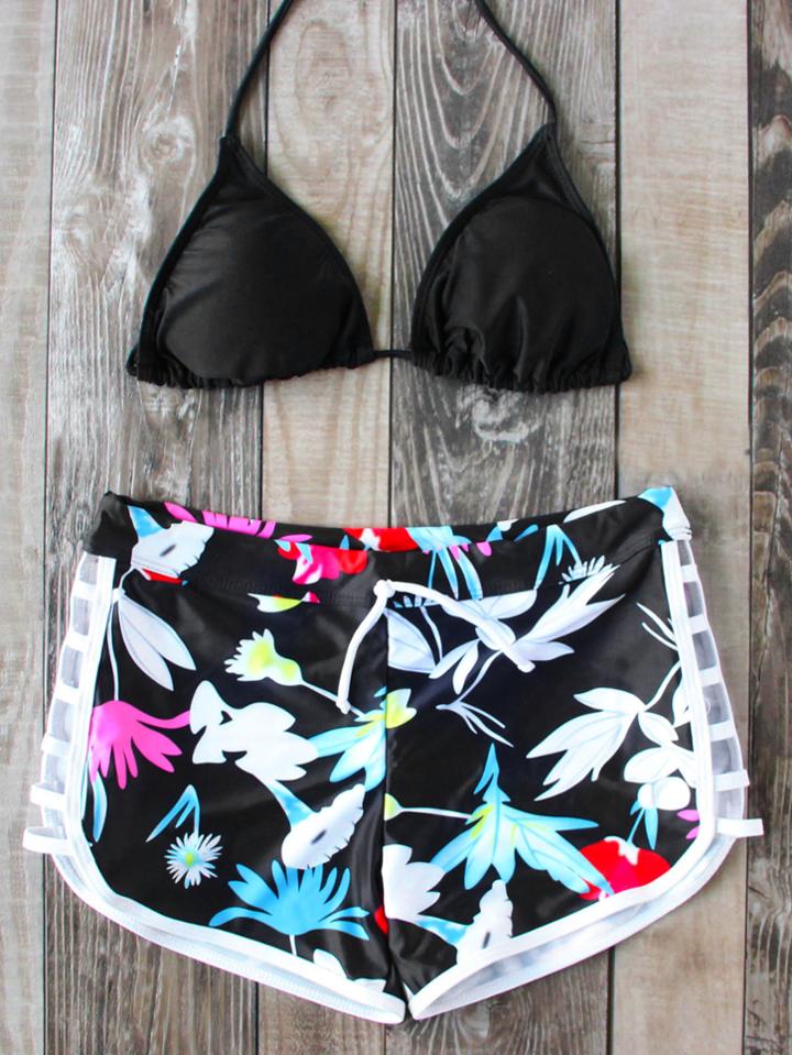 Romwe Black Flower Print Halter Triangle Bikini Set