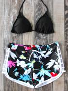 Romwe Black Flower Print Halter Triangle Bikini Set
