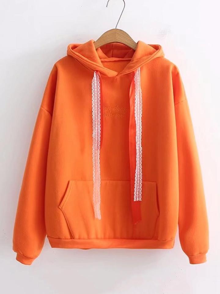 Romwe Lace Strap Slogan Embroidery Hoodie