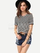 Romwe Breton Stripe Wrap Front Crop T-shirt