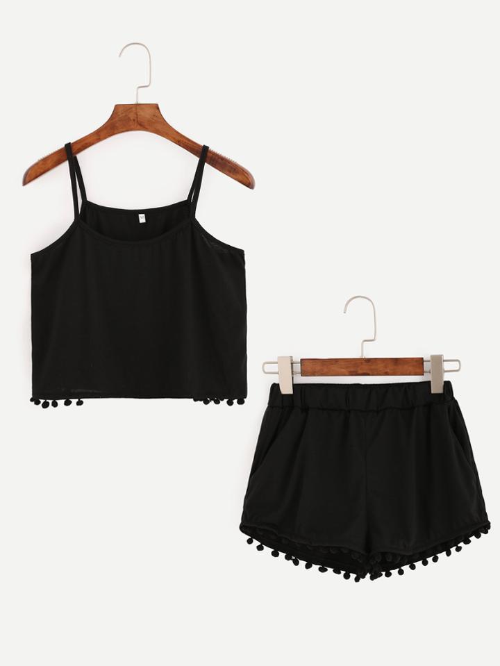 Romwe Black Pom Pom Trim Cami Top With Shorts
