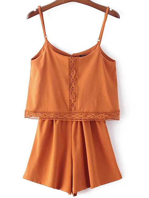 Romwe Orange Spaghetti Strap Crochet Siamese Trousers