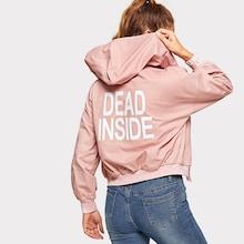 Romwe Letter Print Drop Shoulder Zip-up Hooded Jacket