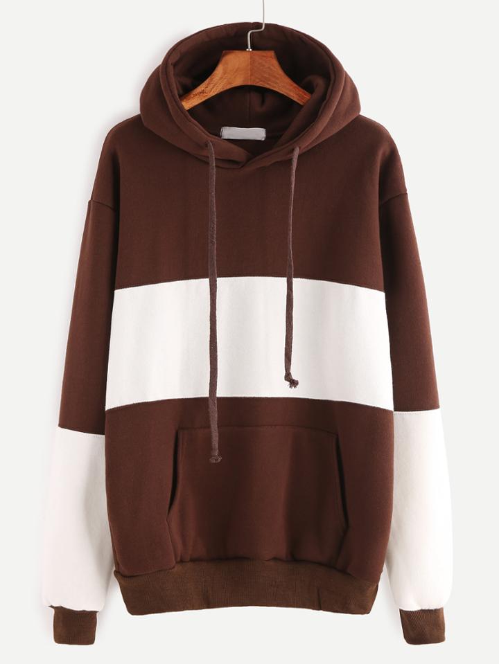 Romwe Brown Contrast Drawstring Hooded Pocket Sweatshirt
