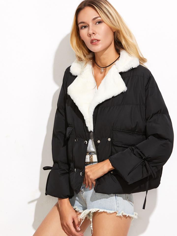 Romwe Black Self Tie Padded Coat With Pockets