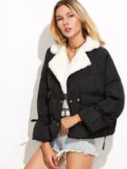 Romwe Black Self Tie Padded Coat With Pockets