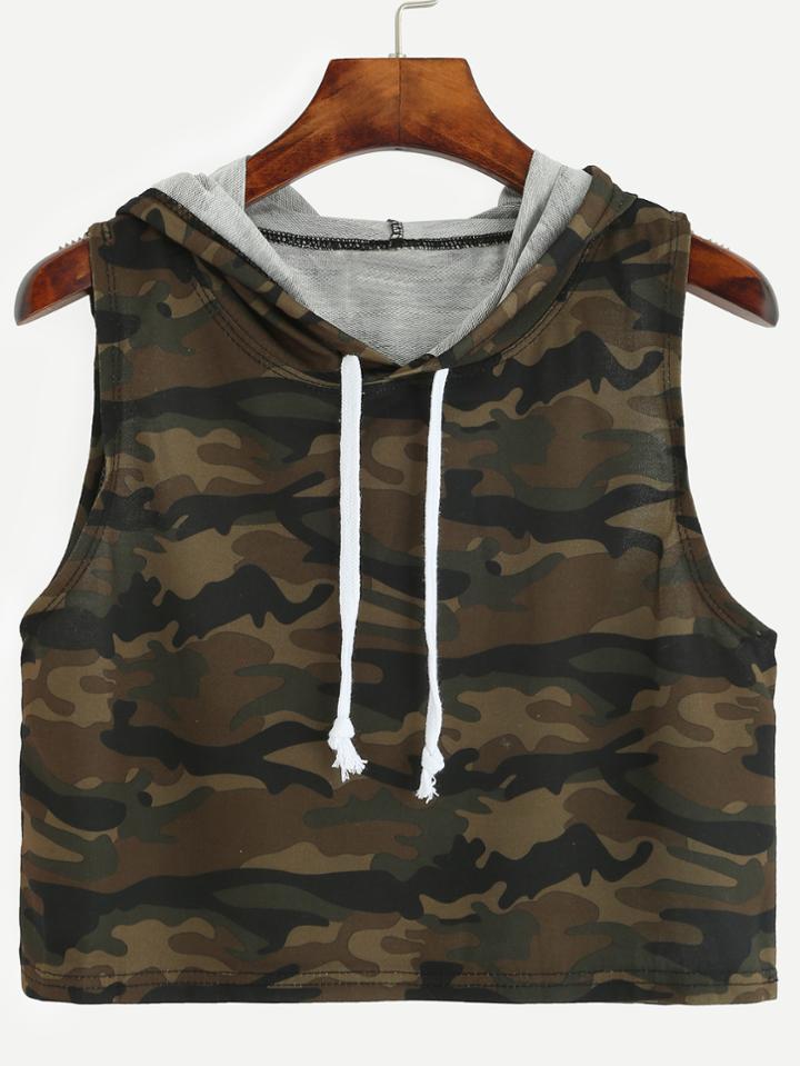Romwe Olive Green Camo Print Crop Hooded Top