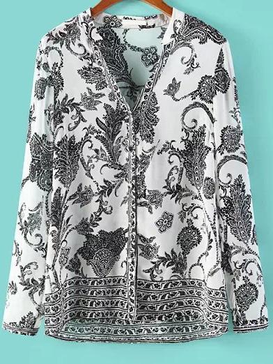 Romwe V Neck Floral Chiffon Blouse