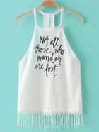 Romwe White Halter Letter Printed Top