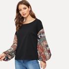 Romwe Contrast Floral Print Lantern Sleeve Pullover