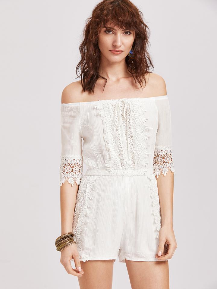 Romwe Bardot Contrast Lace Tie Front Pleated Romper