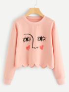 Romwe Scallop Hem Face Print Sweatshirt