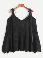 Romwe Black Ribbed Cold Shoulder Bell Sleeve Scallop Sweater