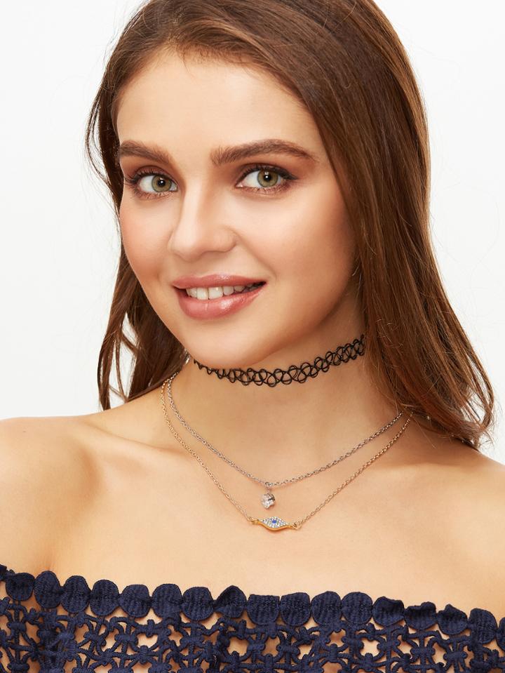 Romwe Black Layered Rhinestone Eye Pendant Choker Necklace