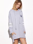 Romwe Grey Hooded Embroidered Striped Sleeve High Low Sweatshirt Dress
