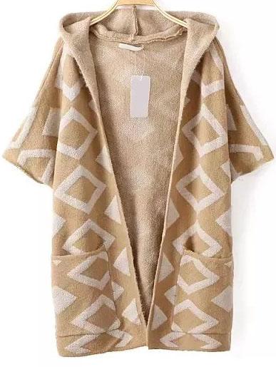 Romwe Khaki Diamond Pattern Elbow Sleeve Hooded Cardigan With Pockets