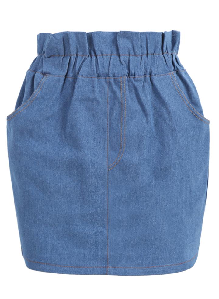 Romwe Elastic Waist Pockets Denim Skirt