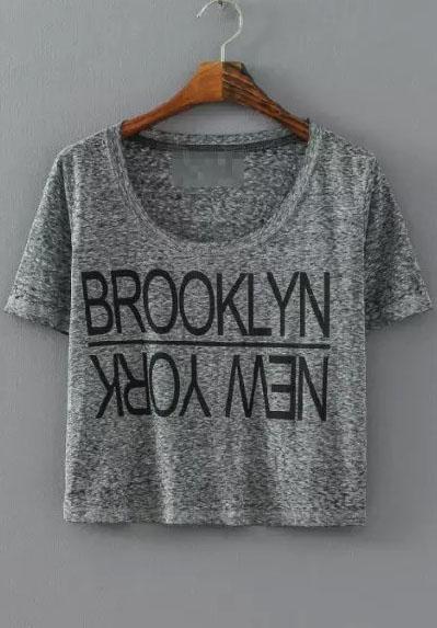 Romwe Letter Print Crop Grey T-shirt