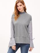Romwe Heather Grey Drop Shoulder Striped Bell Sleeve Sweatshirt