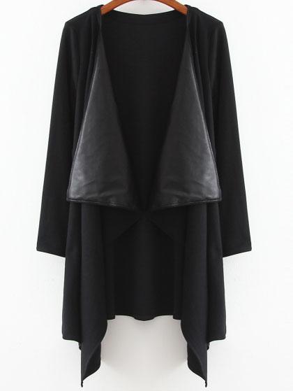 Romwe Black Draped Neck Open Front Asymmetrical Coat