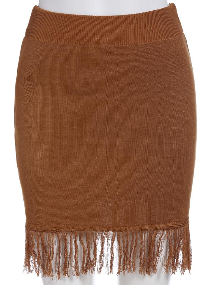 Romwe Elastic Waist Tassel Khaki Skirt