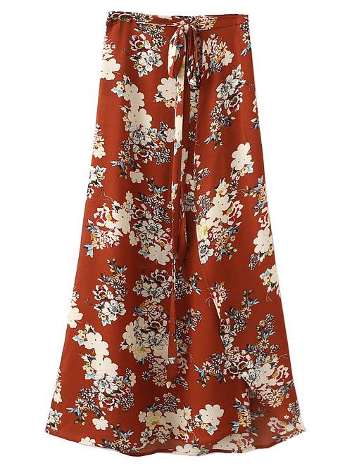 Romwe Multicolor Tie-waist Bow Floral Print Long Skirt