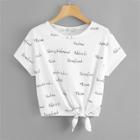 Romwe Letter Print Knot Front T-shirt