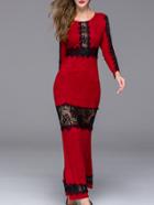 Romwe Red Round Neck Long Sleeve Contrast Lace Dress