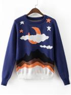 Romwe Navy Color Block Round Neck Sweater
