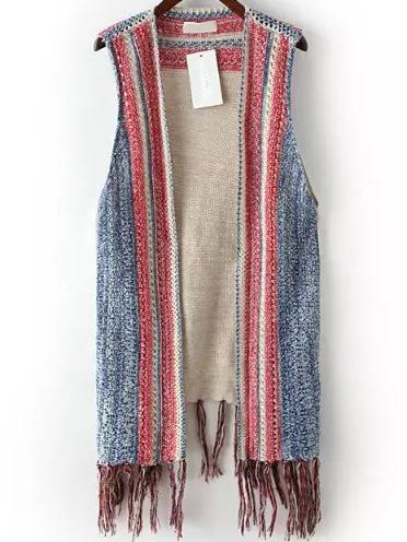 Romwe Light Blue Red Hollow Tassel Knit Sweater Vest