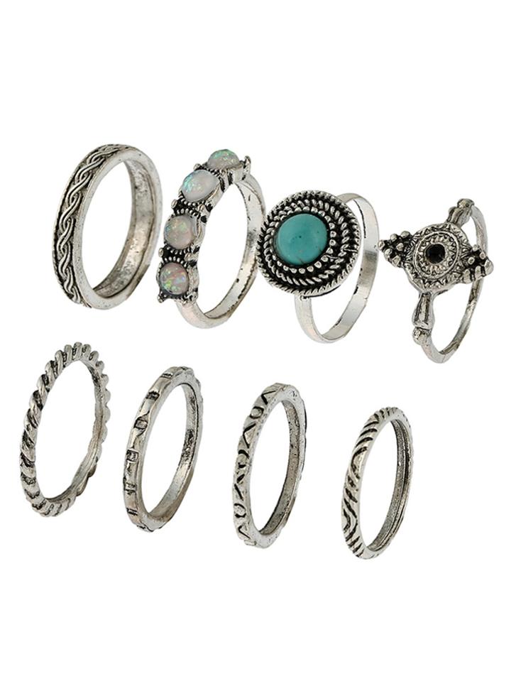 Romwe Plaited Insert Gemstone Ring Pack 8pcs