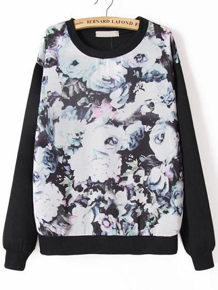 Romwe Ink Floral Print Black Casual Sweatshirt