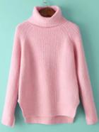 Romwe Turtleneck Dip Hem Split Side Pink Sweater