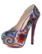 Romwe Blue Platform Tribal Print High Heeled Pumps