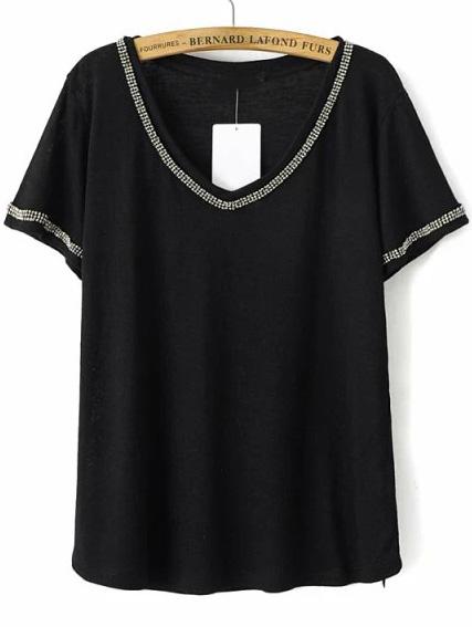 Romwe Black V Neck Short Sleeve Bead T-shirt