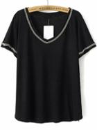 Romwe Black V Neck Short Sleeve Bead T-shirt