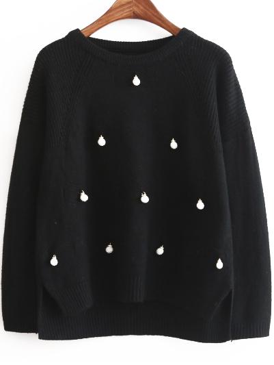 Romwe Dip Hem Bead Slit Black Sweater