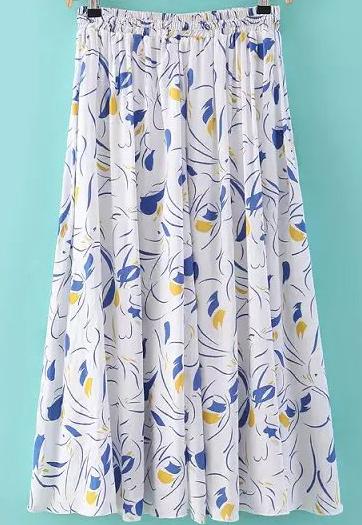 Romwe Elastic Waist Floral Pleated Blue Skirt