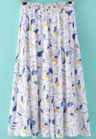 Romwe Elastic Waist Floral Pleated Blue Skirt