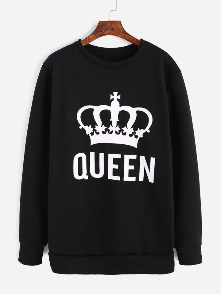 Romwe Black Imperial Crown Print Sweatshirt