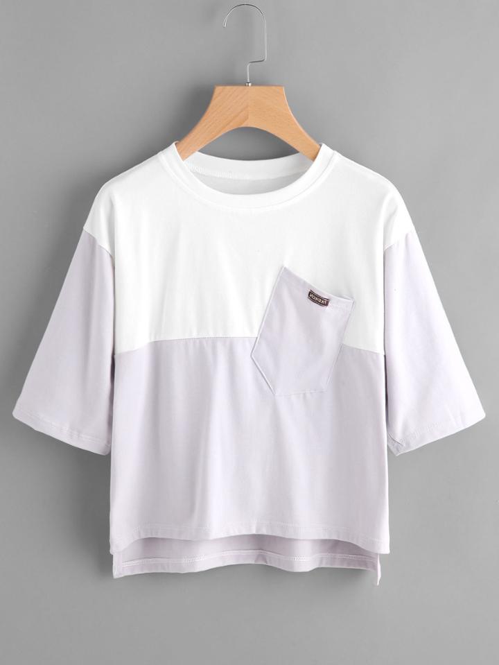 Romwe Color Block Dip Hem Tee With Chest Pocket