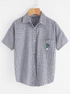Romwe Cactus Embroidered Checked Shirt With Chest Pocket