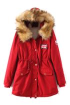 Romwe Drawstring Pocketed Faux Fur Hoodie Red Coat