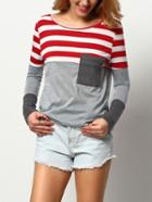 Romwe Red Grey Round Neck Striped Pocket T-shirt