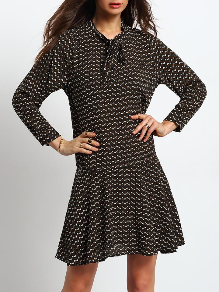 Romwe Tie Neck Print Drop Waist Chiffon Dress