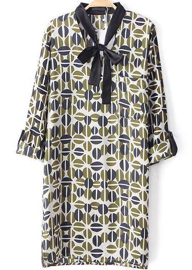 Romwe Tie-neck Geometric Print Blouse
