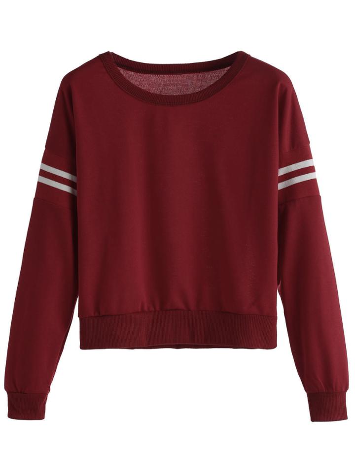 Romwe Burgundy Varsity Striped Crop Sweatshirt