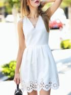 Romwe White V Neck Backless Hollow A-line Dress