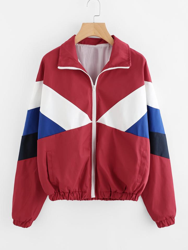 Romwe Elastic Hem Cut And Sew Zip Up Jacket